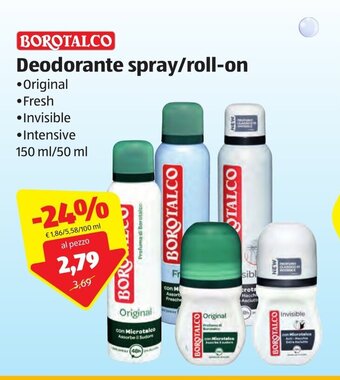 ALDI Borotalco Deodorante spray/roll-on 150ml/50ml offerta