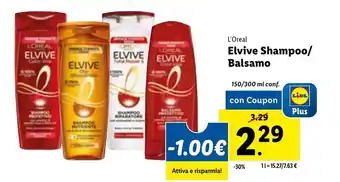 Lidl L'Oréal Elvive Shampoo/Balsamo 150/300 ml offerta