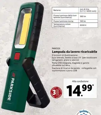 Lidl Parkside Lampada da lavoro ricaricable offerta