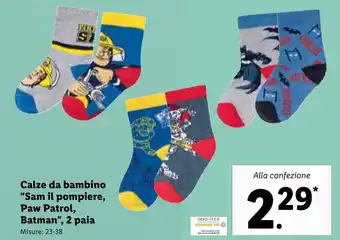 Lidl Calze da bambino "Sam il pompiere, Paw Pawtrol, Batman", 2 paia 23-38 offerta