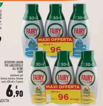 Conad Fairy Detersivo Liquido Per Lavastoviglie All In One platinum gel brezza marina, limone conf. 650ml x 3 pezzi offerta