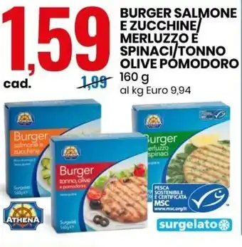Eurospin Burger Salmone e Zucchine/Merluzzo e Spinaci/Tonno Olive Pomodoro 160g offerta