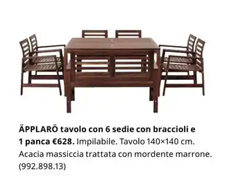 IKEA Äpplarö tavolo con 6 sedie con braccioli e panca 140x140 cm offerta