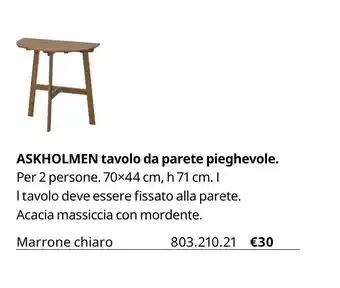Askholmen tavolo da parete pieghevole 70x44 cm, h 71 cm