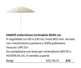 IKEA Samsö ombrellone inclinabile Ø200 cm offerta