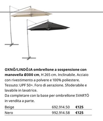 IKEA Oxnö/Lindöja ombrellone a sospensione con manovella Ø300 cm offerta