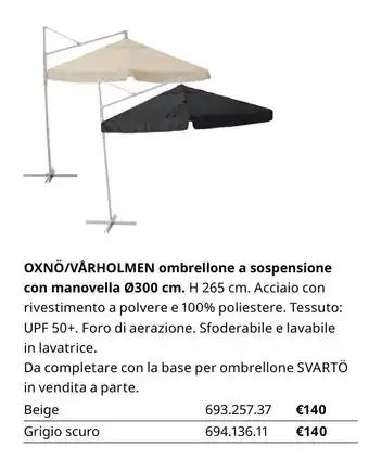 IKEA Oxnö/Lindöja ombrellone a sospensione con manovella Ø300 cm offerta