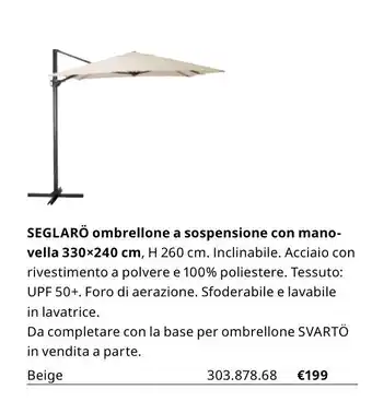 IKEA Seglarö ombrellone a sospensione con manovella 330x240 cm offerta