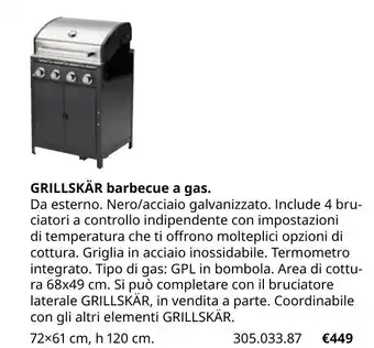 Grillskär barbecue a gas 72x61 cm, h 120 cm