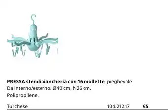 Pressa stendibiancheria con 16 mollette, pieghevole Ø40 cm, h 26 cm