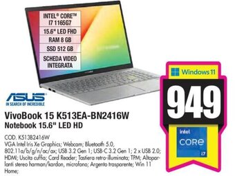Wellcome Asus Vivobook 15 K513EA-BN2416W Notebook 15.6" LED HD offerta