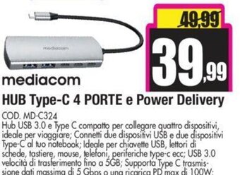 Wellcome Mediacom HUB Type-C 4 Porte e Power Delivery offerta