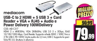Wellcome Mediacom USB-C to 2 HDMI + 5 USB 3 + Card Reader + VGA + RJ45 + Audio e Power Delivery 100W Delivery offerta