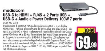 Mediacom USB-C to HDMI + RJ45 + 2 Porte USB + USB-C + Audio e Power Delivery 100W 7 porte