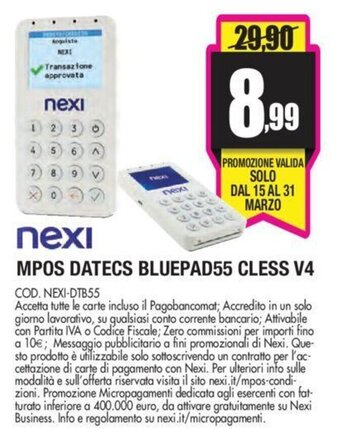 Nexi MPOS Datecs Bluepad55 Cless V4