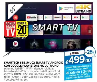 IperFamila Smartech 65E1MUC2 Smart TV Android con Google Play Store 4K Ultra HD offerta