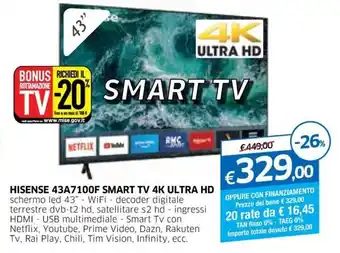 IperFamila Hisense 43A7100F Smart TV 4K Ultra HD offerta