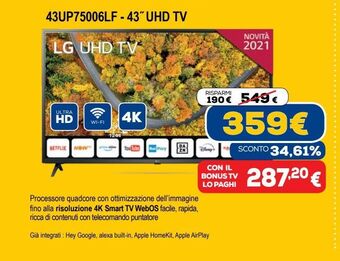 Euronics 43up75006lf - 43" uhd tv offerta