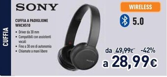 Unieuro Sony Cuffia A Padiglione WHCH510 offerta