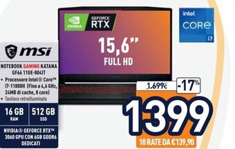 Unieuro msi Notebook Gaming Katana GF66 11UE-804IT offerta