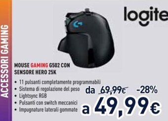 Unieuro Logitech Mouse Gaming G502 Con Sensore Hero 25K offerta