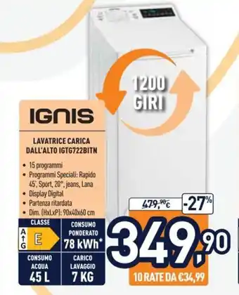 Unieuro Ignis Lavatrice Carica Dall'Alto IGTG722BITN offerta