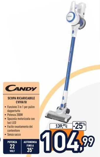 Unieuro Candy Scopa ricaricabile CVIVA10 offerta
