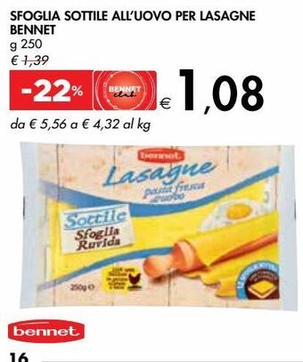 Bennet Sfoglia sottile all'uovo per lasagne bennet g 250 offerta