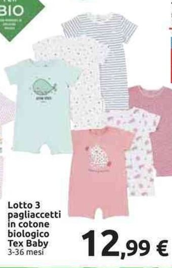 Carrefour Tex Baby Lotto 3 pagliaccetti in cotone biologico 3-36 mesi offerta
