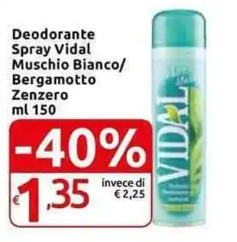 Carrefour Express Vidal Deodorante Spray Muschio Bianco/Bergamotto Zenzero 150 ml offerta