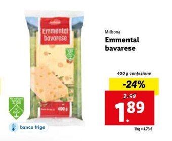 Lidl Milbona Emmental bavarese 400 g offerta