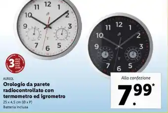 Lidl Auriol Orologio da parete radiocontrollato con termometro ed igrometro 25 x 4,5 cm offerta