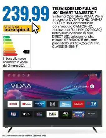Eurospin Televisore Led Full HD 40" Smart 'Majestic' offerta