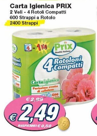 Prix Quality Prix Carta Igienica 2 Veli 4 Rotoli Compatti 600 Strappi a Rotolo 2400 Strappi offerta