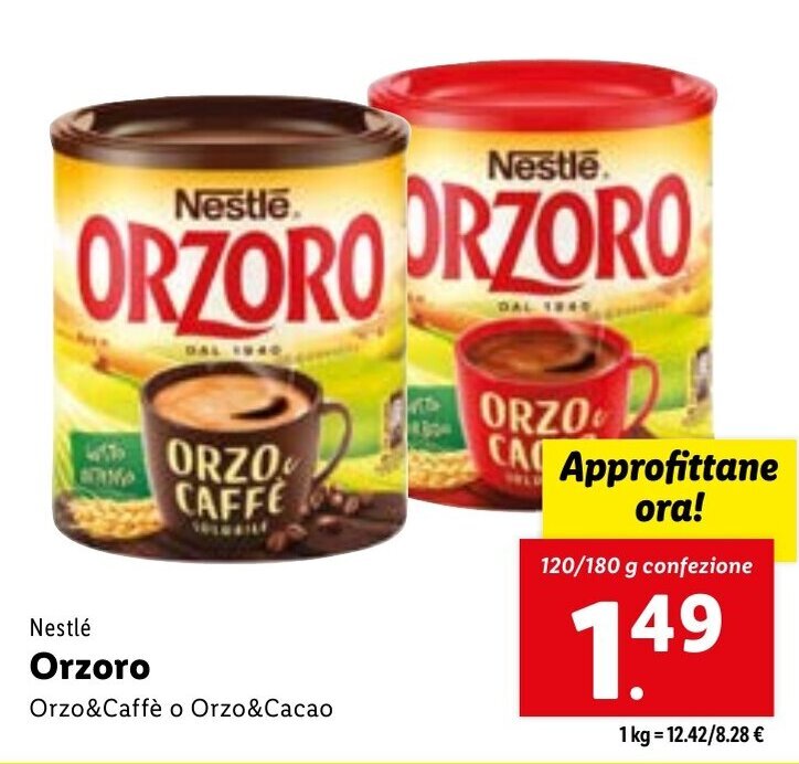 Nestlé Orzoro Orzo & Caffè o Orzo & Cacao 120/180 g offerta di Lidl