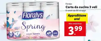 Lidl Floralys Carta da cucina 3 veli 6 rotoli da 90 strappi offerta