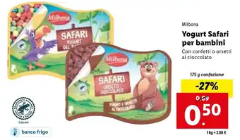 Lidl Milbona Yogurt Safari per bambini Con confetti o orsetti al cioccolato 175 g offerta