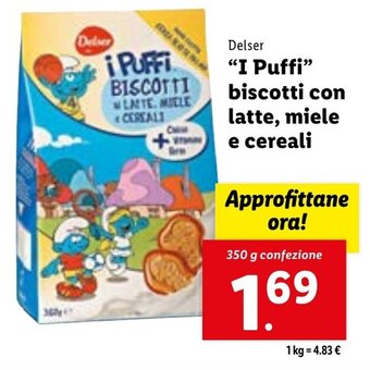 Lidl Delser "I Puffi" biscotti con latte, miele e cereali 350 g offerta