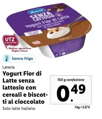 Lidl Latteria Yogurt Fior di Latte senza lattosio con cereali e biscotti al cioccolato 150 g offerta