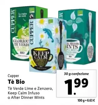 Lidl Cupper Tè Bio Tè Verde Lime e Zenzero, Keep Calm Infuso o After Dinner Mints 30 g offerta