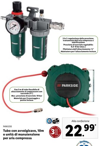 Lidl Parkside Tubo con avvolgicavo, 10m o unità di manutenzione per aria compressa offerta
