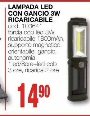 Lampada led con gancio 3 w ricaricabile