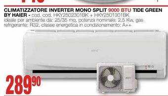 Climatizzatore inverter mono split 9000 btu tide green by haier