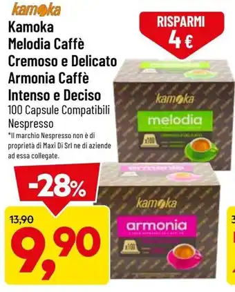 DPiù Kamoka Melodia Caffè Cremoso e Delicato Armonia Caffè Intenso e Deciso 100 Capsule Compatibili Nespresso offerta