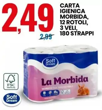 Eurospin Carta Igienica Morbida, 12 Rotoli, 3 Veli, 180 Strappi offerta