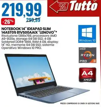 Eurospin Lenovo Notebook 14" Ideapad Slim 14AST05 81VS00AAIX offerta