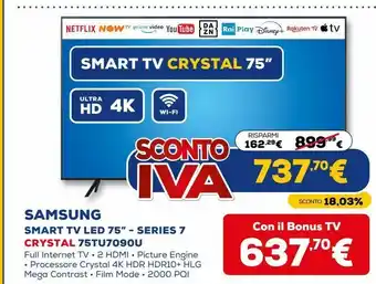 Euronics Samsung smart tv led 75" - series 7 crystal 75tu7090u offerta