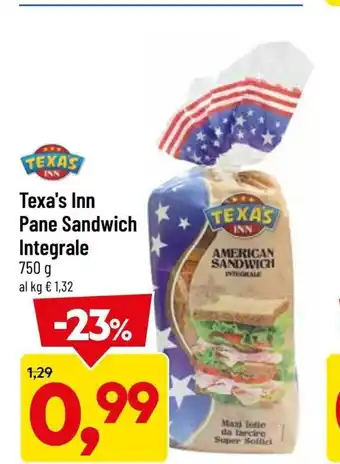 DPiù Texa's Inn Pane Sandwich Integrale 750g offerta