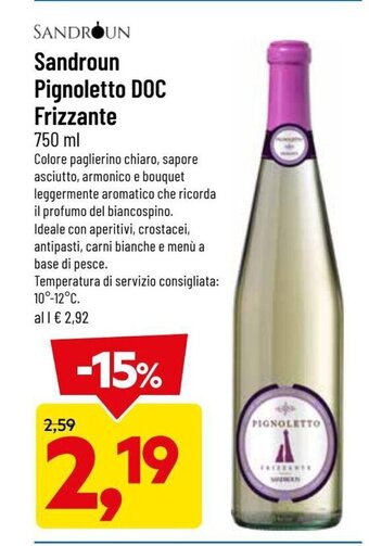 DPiù Sandroun Pignoletto DOC Frizzante 750ml offerta