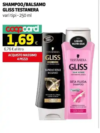 Ipercoop Testanera Gliss Shampoo/Balsamo vari tipi 250 ml offerta